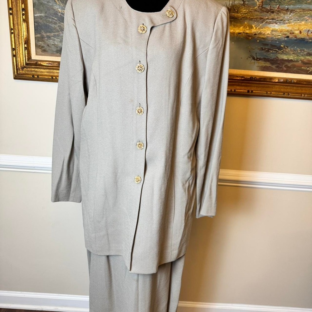 Vintage Longline Skirt Suit Taupe Greige Gold Crest‎ Buttons 2 Piece Set L/XL